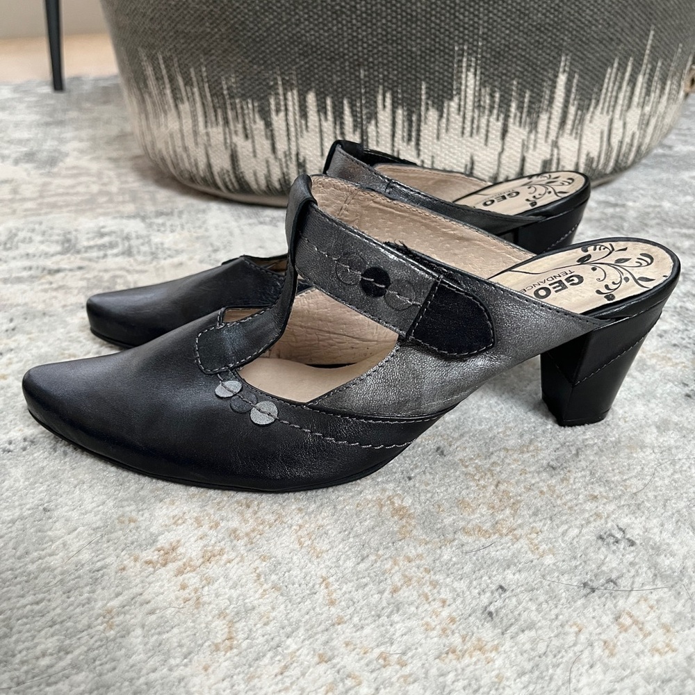 GEO REINO Pointy Toe T-Strap Mary Jane Heeled Mules Adjustable Strap Metallic